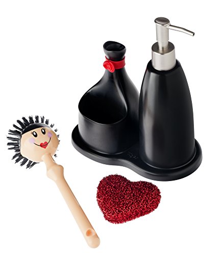 Vigar Dolls - Set fregadero con dispensador de jabón, estropajo en forma de corazón y cepillo para lavar los platos, plástico, color negro y rojo