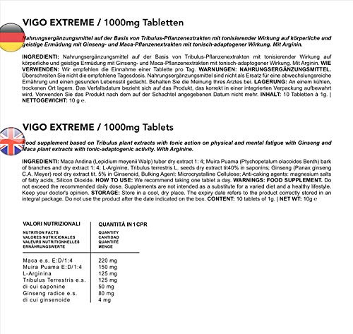 VIGO EXTREME 1000 MG | 10 Cáps. Sin Ninguna Contraindicación | Made In Italy | Energizzante Naturale con Tribulus, Maca, Muira Puama, Ginseng y L-Arginina