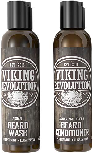 Viking Revolution set de Champú y Acondicionador con Aceites de Argán y Jojoba-, Suaviza y fortalece el crecimiento de la barba – 100% Natural - Champú para barba con Aceite de Menta y Eucalipto 5 oz