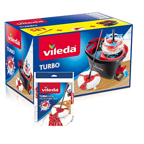 Vileda Turbo - Juego de fregona con palo telescópico, cubo escurridor giratorio y recambio de microfibras, color negro y rojo, 48.6 x 29.6 x 29.3 cm