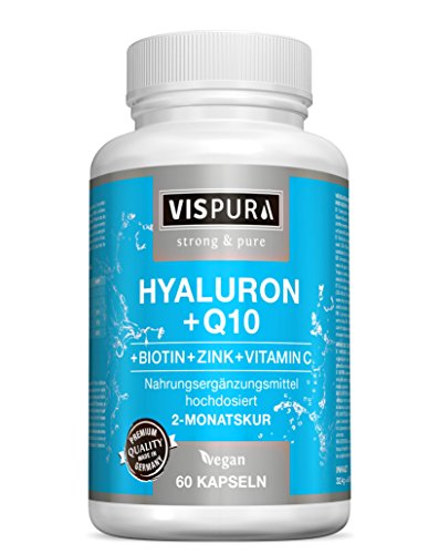 VISPURA® Ácido Hialurónico Puro + Coenzimas Q10, Alto Concentrado Cápsulas Vegano para una Cura de 2 Meses, Tamaño Molecular 500-700 kDa, sin Aditivos Innecesarios, Calidad Alemana