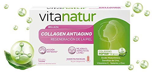 Vitanatur Collagen antiaging - Complemento alimenticio, Colágeno hidrolizado y ácido hialurónico, Ayuda a regenerar la piel y acción antiedad, 10 viales bebibles