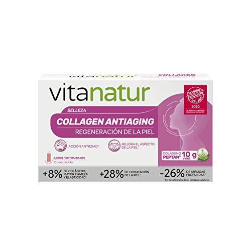 Vitanatur Collagen antiaging - Complemento alimenticio, Colágeno hidrolizado y ácido hialurónico, Ayuda a regenerar la piel y acción antiedad, 10 viales bebibles