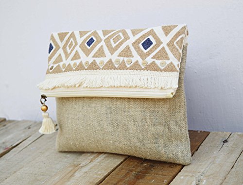 VLiving Bohemian Azteca tela de pato de algodón lavado a la piedra con lentejuelas plateadas multipropósito Blush bolsa con cremallera (colorete, 10 x 8 pulgadas)