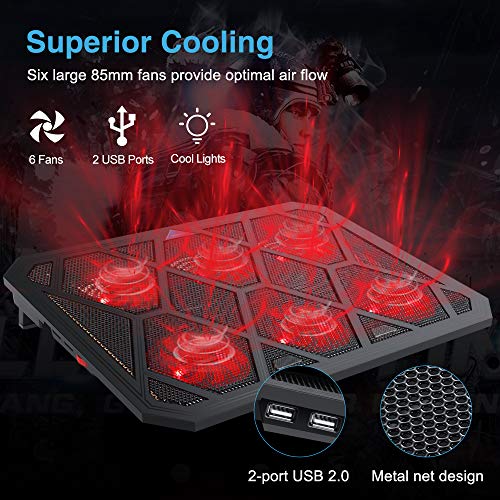 VOXON - Base de Refrigeración Gaming para Portátil con 6 Ventiladores hasta 19 Pulgadas, Iluminación LED Rojo con Puerto USB