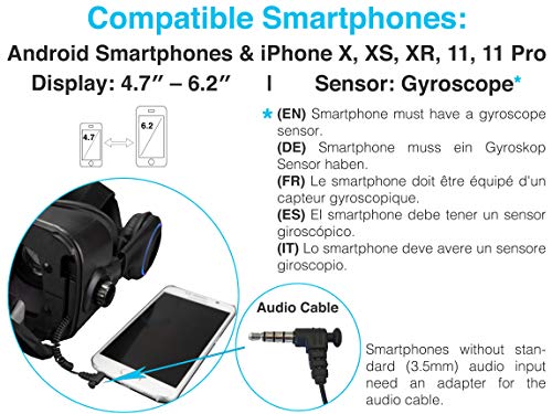 VR Primus® VA4, Gafas VR movil con Auriculares y Google Cardboard Apps. Compatible con iPhone X XS y Smartphones Android p.ej. Samsung, Huawei, LG, Sony,Xiaomi,HTC |+ Mando para Smartphones Android