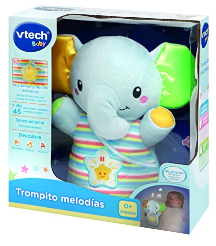 VTech-80-508622 Trompito, Elefante de Peluche para bebé, Musical, luz de Noche, con más de 45 Voces, Canciones y melodías, Color Azul, (3480-508322)