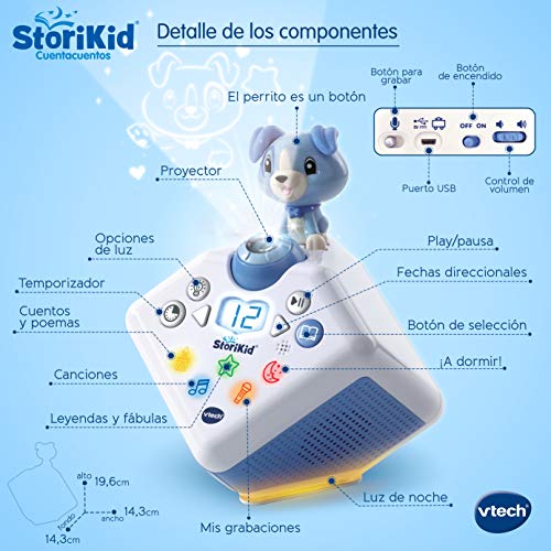 VTech - StoriKid, Cuentacuentos con proyector, escucha historias, poemas o canciones acompañadas de una proyección, graba tu propia historia, temporizador, luz de noche, color blanco/azul (80-608077)