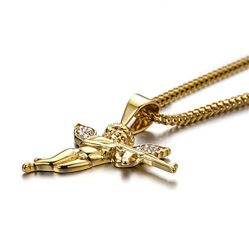 WANZIJING Hip Hop Collar de Moda, Arma Ángel de Acero de Titanio Collares Colgante con Cadena de 65 cm para los Hombres,Oro