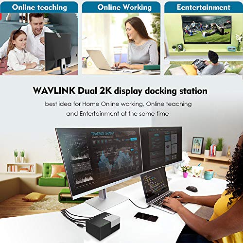 WAVLINK USB 3.0 Portátil Docking Station Multifuncional Dual Video Monitor Display DVI, HDMI, Gigabit Ethernet, Audio, 6 USB Puertos,DP, Soporta Windows, Mac OS, Android-Negro