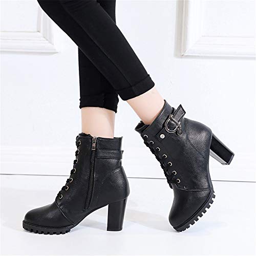 WEIYIDQ Zapatos De Tacón Casual Woman with Round Head and Short Tie with Waterproof Wraps Martin Boots Black Thirty-Six