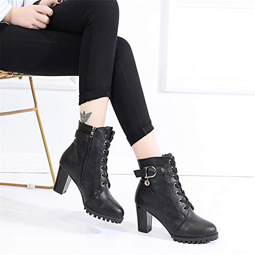 WEIYIDQ Zapatos De Tacón Casual Woman with Round Head and Short Tie with Waterproof Wraps Martin Boots Black Thirty-Six