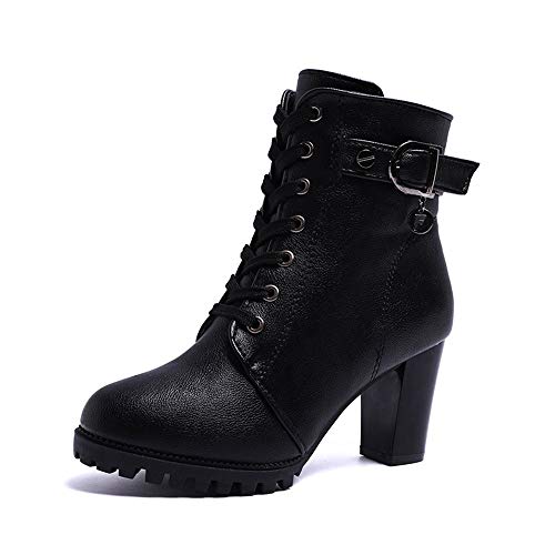 WEIYIDQ Zapatos De Tacón Casual Woman with Round Head and Short Tie with Waterproof Wraps Martin Boots Black Thirty-Six