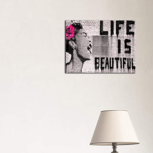 Wieco Art Lienzo Impreso de Banksy Life is Beautiful Modern estirado y Enmarcado Giclée Ilustraciones Gris Amor Cuadros en Lienzo Arte de Pared para recámara hogar Oficina Decoraciones