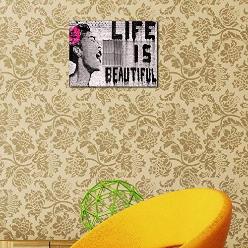 Wieco Art Lienzo Impreso de Banksy Life is Beautiful Modern estirado y Enmarcado Giclée Ilustraciones Gris Amor Cuadros en Lienzo Arte de Pared para recámara hogar Oficina Decoraciones