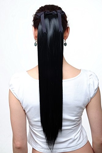 WIG ME UP-C9429-1 Cola postiza, cinta para el pelo negro, liso, clip 60 cms