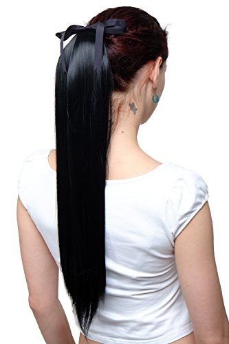 WIG ME UP-C9429-1 Cola postiza, cinta para el pelo negro, liso, clip 60 cms