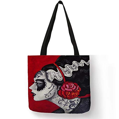 XLJJB  Nuevo Patrón De Estilo Bolsos Mujer Bolso para Damas Tatoos Arte Flor Cráneo Eco Lino Bolso De Mano Oficina Reutilizable Diario 005