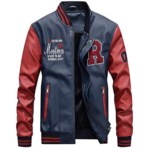 Yonglan Hombres Chaqueta de Cuero Cuero de la PU Chaqueta de béisbol Colores Mezclados Abrigo de Pieles Zafiro L