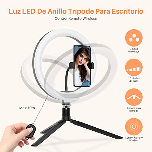 Yoozon 10" Luz de Anillo LED fotográfica de Escritorio, 3 Color 10 Brillo, Trípode con Soporte Giratorio de teléfono para Transmisión en Vivo, Selfie, Maquillaje, Videoconferencia, Youtube, TikTok