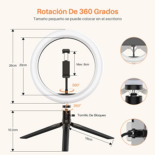 Yoozon 10" Luz de Anillo LED fotográfica de Escritorio, 3 Color 10 Brillo, Trípode con Soporte Giratorio de teléfono para Transmisión en Vivo, Selfie, Maquillaje, Videoconferencia, Youtube, TikTok