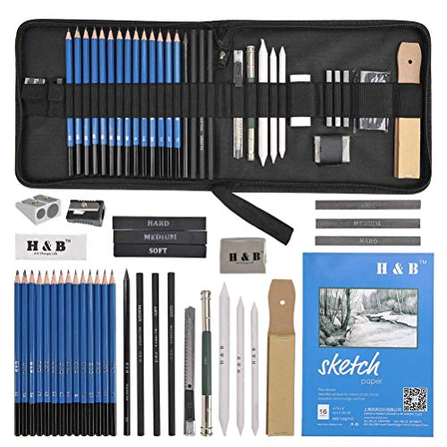 YOTINO 35Pcs Profesional Dibujo de Arte y Lápiz Dibujo Conjunto de Lápiz de Carbón, Lápiz de Grafito, Borrador Etc Herramienta de Dibujo a Lápiz Completo con Bolsa de Cremallera Portátil