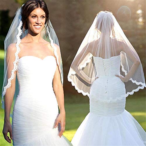 YOWAX 1T Velos de Novia Velo Nupcial Mujer Boda Accesorios con Gratis Peine Dedo Longitud Apliques Lace Borde Velo para Novia-Ivory