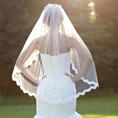 YOWAX 1T Velos de Novia Velo Nupcial Mujer Boda Accesorios con Gratis Peine Dedo Longitud Apliques Lace Borde Velo para Novia-Ivory