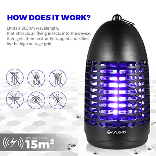 YUNLIGHTS 7W Lampara Mosquitos Antimosquitos Electrico Mata Mosquitos Electrico Repelente Mosquitos Lampara Antimosquitos con luz UV para Interiores al aire libre - Independiente o colgante de pared