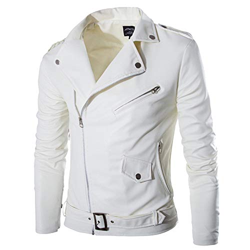 Yvelands Liquidación de Camisas para Hombres, Chaqueta de Cremallera de Bolsillo de Cuero de la Motocicleta del Cuello de la Personalidad de los Hombres (Blanco, M)