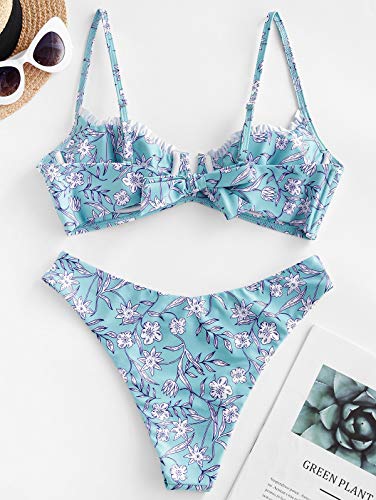 ZAFUL Bikini Set de dos piezas Floral corte alto Bikini con arco & V Bañador para mujer azul claro S