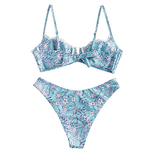 ZAFUL Bikini Set de dos piezas Floral corte alto Bikini con arco & V Bañador para mujer azul claro S