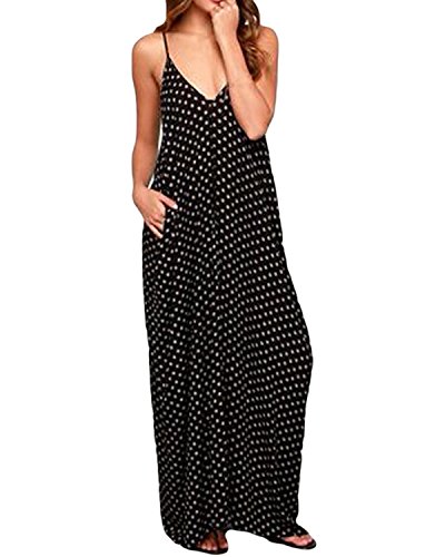 ZANZEA Mujeres Elegante Bohemio Algodón Casual Vestido Suelto Largo Playa Lunares Cuello V sin Mangas Negro EU 52