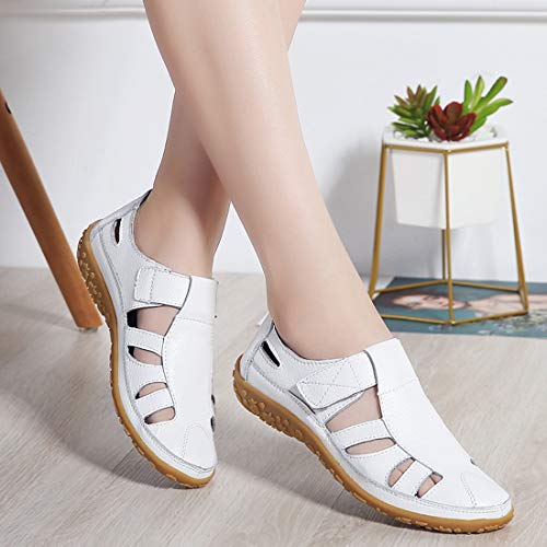 Z.SUO Sandalias Mujer de Cuero Planas Cómodos Casual Mocasines Loafers Moda Zapatos Plano Verano Sandalias y Chanclas(40 EU,A Blanco)