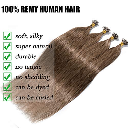 0.5g*100 hebras Extensiones queratina I tip Pre Bonded Cabello Natural Micro Ring Indetectable Liso Largo Se Ve Natural- 45cm, 50g, 06 Marrón Claro