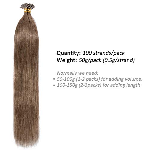 0.5g*100 hebras Extensiones queratina I tip Pre Bonded Cabello Natural Micro Ring Indetectable Liso Largo Se Ve Natural- 45cm, 50g, 06 Marrón Claro