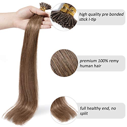 0.5g*100 hebras Extensiones queratina I tip Pre Bonded Cabello Natural Micro Ring Indetectable Liso Largo Se Ve Natural- 45cm, 50g, 06 Marrón Claro