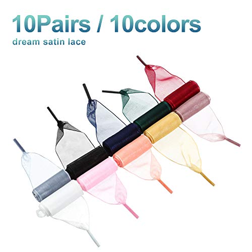 10 pares de cordones de raso para zapatos de satén suave casual organza plana cordones para mujeres niñas zapatilla de zapatos, multicolor