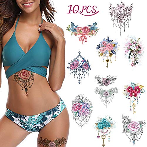 10x Flor romantica Tatuajes temporales para mujeres, Cicatriz de cubrir Maquillaje Tatuajes falsos Arte Corporal Pegatina impermeable Diseño floral rosa para pierna, muslo, pecho, cadera y más