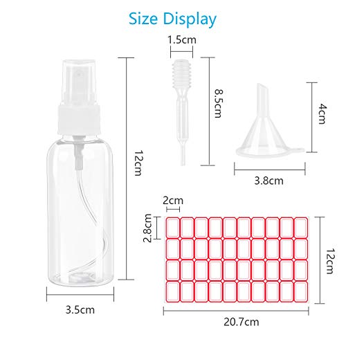 12PCS 60ml Bote Spray Pulverizador AirSMall Atomizador Spray Transparente con 2 Embudos, 2 Pipeta y 1 Etiqueta Set Botellas de Viaje Accesorios Transparente Plástico para Maquillaje，Cosmético，Citas