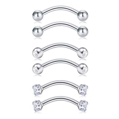 16G Acero Inoxidable Barbell Curved Piercing Rook Pendientes para Mujeres Hombres Helix Daith Tragus Oreja Piercing Nariz Labio Ceja Vientre Piercing Labret Septum 6 Piezas-Plata