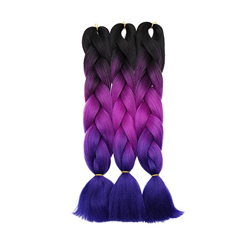 24"(60cm) 3 Piezas Extensiones de Pelo Sintético para Hacer Trenzas Africanas - Cabello No Destiñen y Se Ve Natural - (300g,Negro & Violeta Violín & Azul Oscuro)