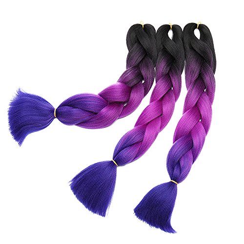 24"(60cm) 3 Piezas Extensiones de Pelo Sintético para Hacer Trenzas Africanas - Cabello No Destiñen y Se Ve Natural - (300g,Negro & Violeta Violín & Azul Oscuro)