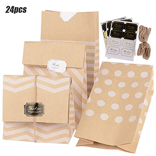 24pcs (15*9.7*27cm) Bolsas de Papel Kraft Bolsas de Regalo de Papel 4 Estilos + 24 Pegatinas + 2*5m Cuerdas Sin Asas para Navidad Boda Fiestas Cumpleaños Comida Caramelos Dulces Galletas Chocolates