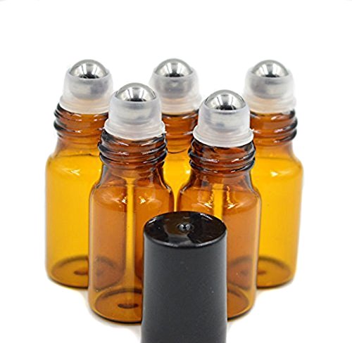 24PCS Amber Glass Roll en Botella de Rodillo Vial Contenedor Holder Pot Jar con Bola de Metal y Tapas Negras para aceites Esenciales Perfumes Lip Gloss Balms (5ml)