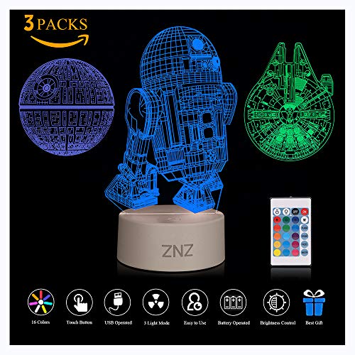 3D LED Star Wars Luz de noche, Lámpara de ilusión Death Star + R2-D2 + Millennium Falcon, Tres patrones y 16 colores Lámpara de decoración Cambio - Regalo perfectos para niño - 3 paquete