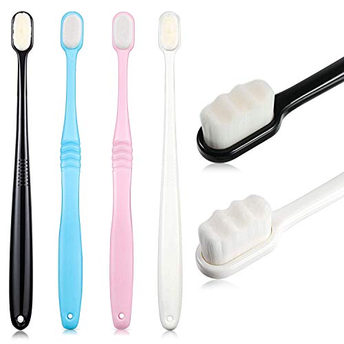 4 Cepillos de Dientes Suave Cepillo de Dientes de Micro Nano Cepillo de Dientes Manual de Cerdas Extra Suaves con 20,000 Cerdas Encías Frágiles Niños Adultos (Azul y Rosa Suave, Blanco y Negro Onda)