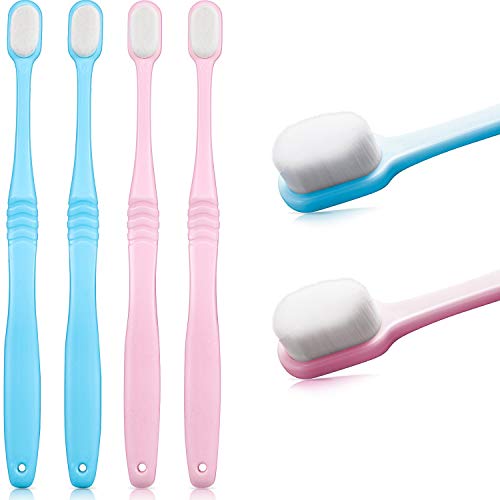 4 Cepillos de Dientes Suave Cepillo de Dientes de Micro Nano Cepillo de Dientes Manual de Cerdas Extra Suaves con 20,000 Cerdas Encías Frágiles Niños Adultos (Azul y Rosa Suave)