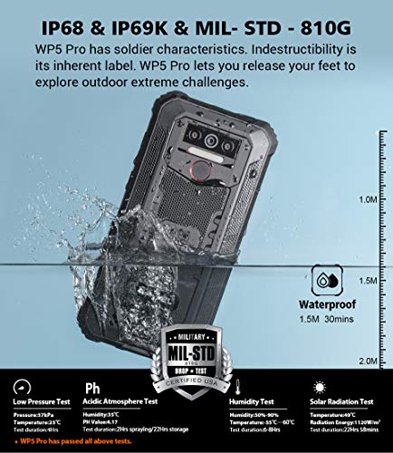 4G Teléfono Móvil Resistente OUKITEL WP5 Pro, Batería de 8000 mAh, Android 10 Smartphone Impermeable IP68, 4 Luces de Flash LED, Helio A25 4GB + 64GB, 13MP + 2MP + 2MP, Reconocimiento Facial Negro