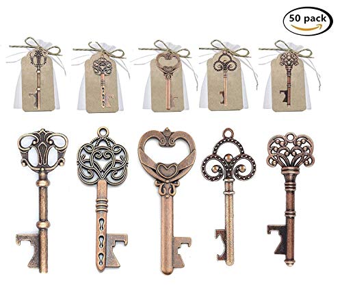 50 pcs Llave Abrebotellas para Decoración de Bolsas de Recuerdos de Boda, Estilo Vintage,5 Estilos